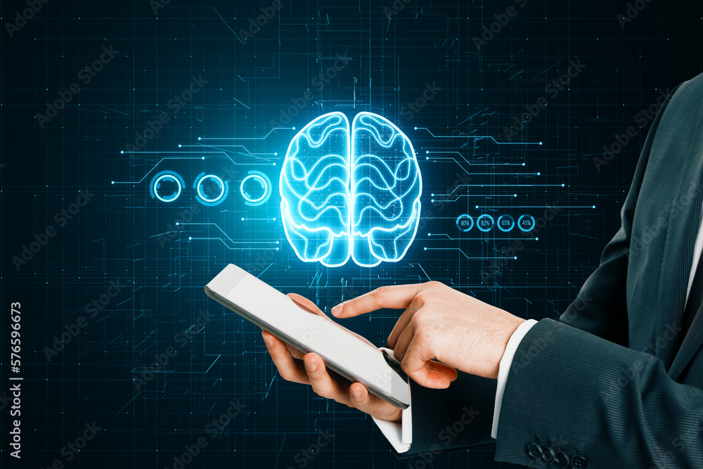 Poster close up of male hand pointing at mobile phone with glowing brain hologram on blurry dark circuit ba