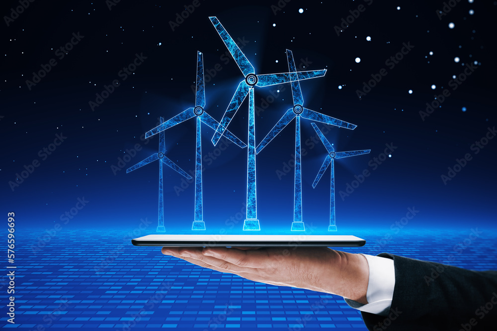 Poster eco global planet solution and wind power concept with windmills above digital tablet screen on busi