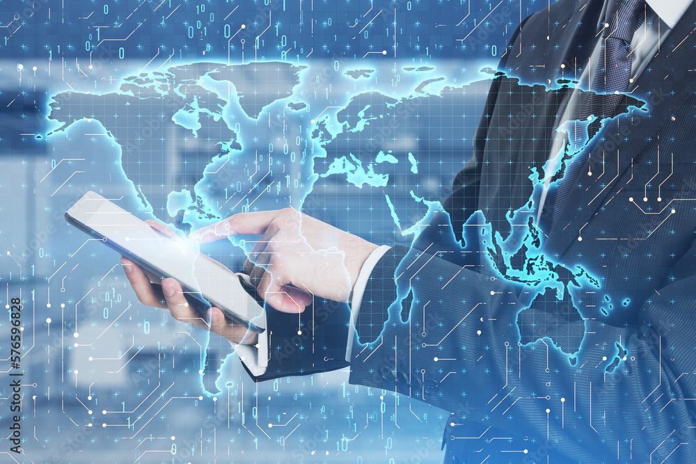 Poster Close up of businessman hand pointing at cellphone with glowing binary code map hologram on blurry office interior background. Software and global technology concept. Double exposure.