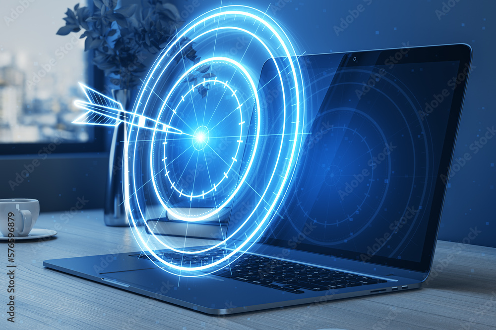 Poster target concept with a glowing hologram of bullseye and arrow hitting the center. growth strategy. go