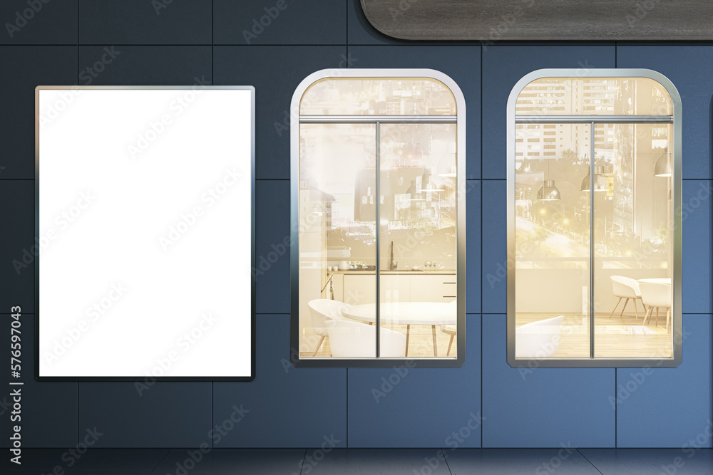 Poster contemporary night time shop entrance facade with empty white mock up banner and city reflections on
