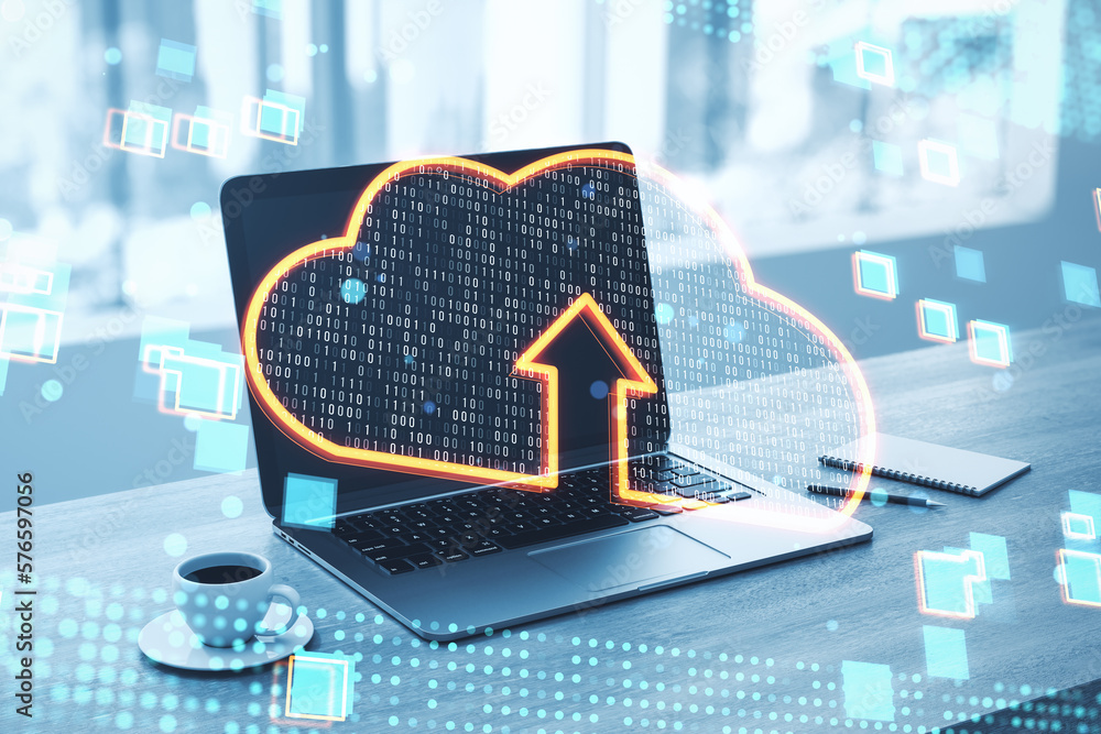 Aufkleber Cloud computing technology and data transfer concept with glowing virtual cloud symbol with arrow inside on modern laptop background on office table, double exposure