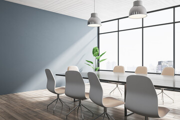 Luxury concrete and wooden meeting room office interior with panoramic windows, city view, lamps and furniture. 3D Rendering.