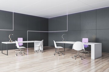 Clean wooden and concrete office interior with furniture. 3D Rendering.