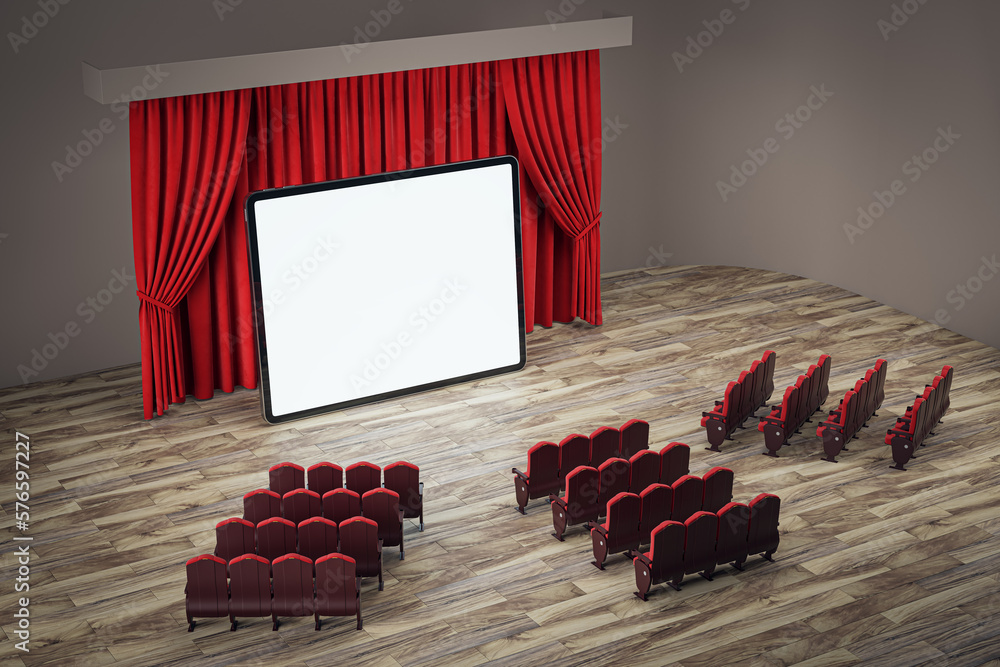 Poster Online movie concept with perspective view on blank white digital tablet screen with place for your web site or picture in front of chairs on red backstage curtain background. 3D rendering, mock up