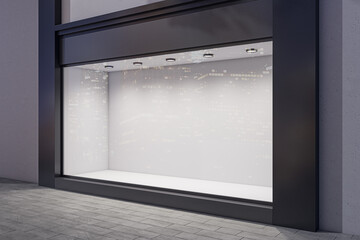 Perspective view on blank light wall background in empty shop window with space for your product presentation behind glass walls with city reflection in night modern building. 3D rendering, mock up - obrazy, fototapety, plakaty