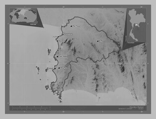 Chon Buri, Thailand. Grayscale. Labelled points of cities