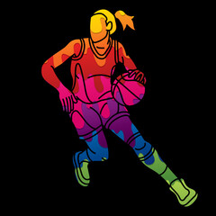 Basketball Action Female Player Cartoon Sport Graphic Vector
