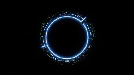 Futuristic abstract cyberpunk blue color round interface on black background isolated. Dashboard for game or Video with copy space. Generative AI.