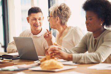 Strategy meeting, planning and manager communication, discussion or conversation about design idea. Morning collaboration, teamwork and business people working, consulting or talking about project