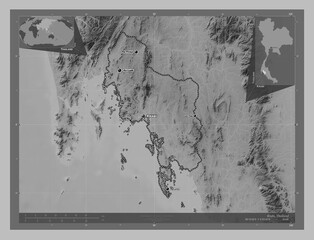 Krabi, Thailand. Grayscale. Labelled points of cities