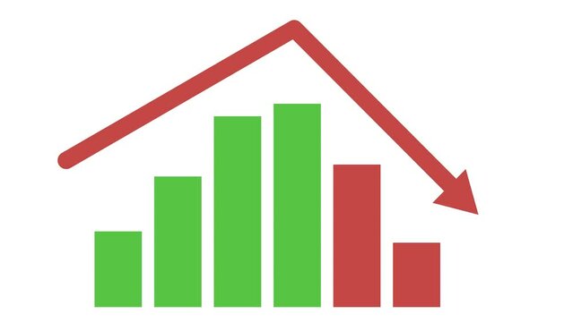 Money graph going top and falling down animated stock footage isolated on white background. Green candles and red showing the profit and loss margin