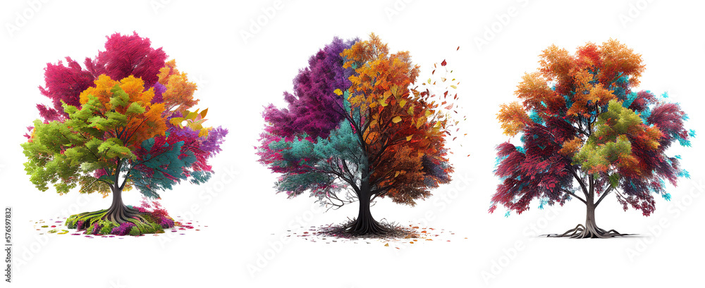 Poster set of tree with colorful leaves, isolated on white background, image ai generate