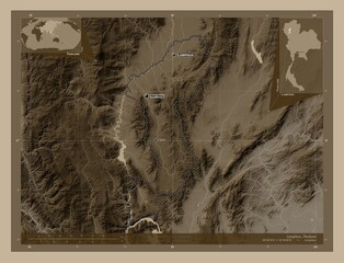 Lamphun, Thailand. Sepia. Labelled points of cities