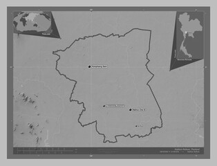Nakhon Pathom, Thailand. Grayscale. Labelled points of cities