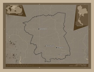 Nakhon Pathom, Thailand. Sepia. Labelled points of cities