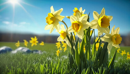 Obraz na płótnie Canvas Daffodil flowers in the field, grass, sky. Spring background. Generative AI