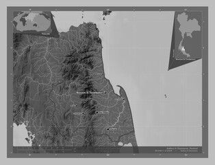 Nakhon Si Thammarat, Thailand. Grayscale. Labelled points of cities