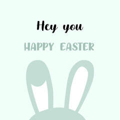 Happy Easter postcard with bunny ears for print. Blue background illustration.