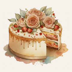 Cake and Roses - Vintage Watercolor - by Generative AI