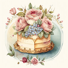 Cake and Roses - Vintage Watercolor - by Generative AI