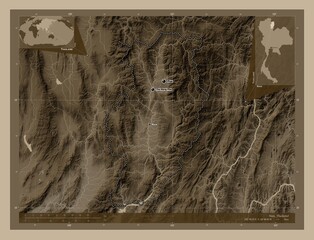 Nan, Thailand. Sepia. Labelled points of cities