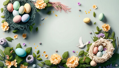 Happy Easter concept with easter eggs in nest and spring flowers. Easter background with copy space. Generative AI