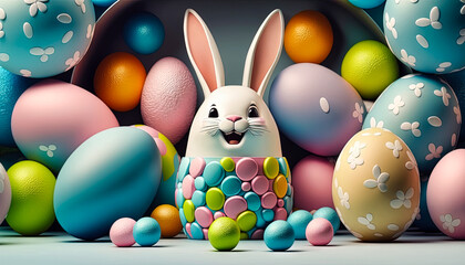 Fototapeta na wymiar Happy Easter bunny with many colorful Easter eggs. Generative AI