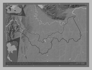 Nong Khai, Thailand. Grayscale. Labelled points of cities