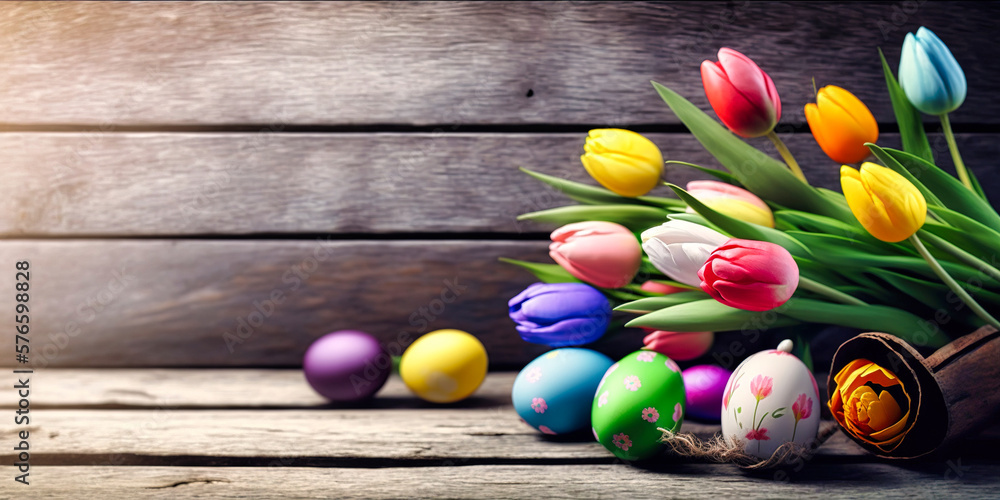 Wall mural Happy Easter background. Tylipans and colorful eggs on the background of wooden boards. Template for Easter wishes. Generative AI