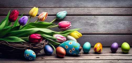 Obraz premium Happy Easter background. Tylipans and colorful eggs on the background of wooden boards. Template for Easter wishes. Generative AI