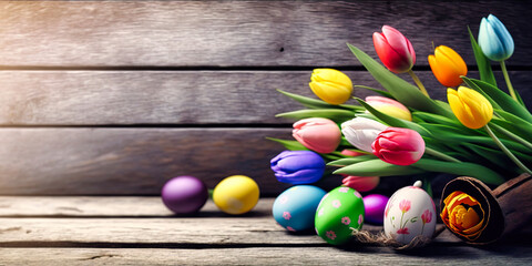 Naklejka premium Happy Easter background. Tylipans and colorful eggs on the background of wooden boards. Template for Easter wishes. Generative AI