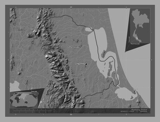 Phatthalung, Thailand. Bilevel. Labelled points of cities