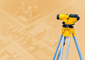 Geodetic device on tripod. Optical level. Surveyor equipment. Device for creating geodetic maps....