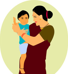 Young Indian Mother carrying her son. 