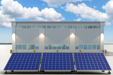 Solar panel production. Factory with sun panels. Solar power station near plant hangar. Production ECO power batteries. Panels for collecting solar energy. Eco innovation. 3d rendering.