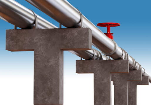 Oil pipeline. Concrete blocks with steel pipe. Pipeline for transporting oil. Metal double pipe on blue. Technologies for transportation of petroleum products. Petroleum, fuel, gas. 3d rendering.