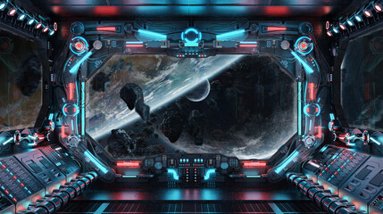 Dark spaceship interior with glowing blue and red lights. Futuristic spacecraft with large window view on planets in space. 3D rendering © sdecoret