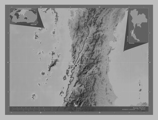 Ranong, Thailand. Grayscale. Labelled points of cities