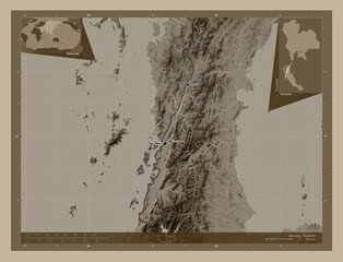 Ranong, Thailand. Sepia. Labelled points of cities