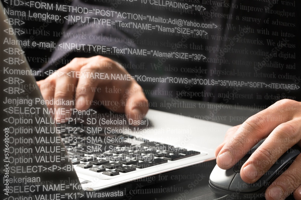 Poster digital technology concept. laptop with script on virtual screen