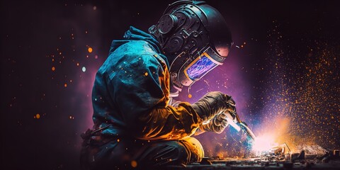 Illustration of a welder welding metal has a bokeh and sparkling background from an industrial setting. Generative Ai. - obrazy, fototapety, plakaty