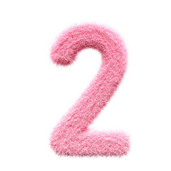 pink number 2 Fur 3D element render, Typography fluffy style