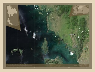 Satun, Thailand. High-res satellite. Labelled points of cities