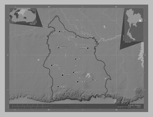 Si Sa Ket, Thailand. Grayscale. Labelled points of cities