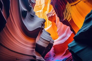 Imaginary Antelope canyon, vibrant multicolored sandstone, AI generative background for social media stories.
