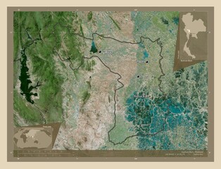 Suphan Buri, Thailand. High-res satellite. Labelled points of cities
