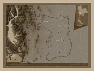 Suphan Buri, Thailand. Sepia. Labelled points of cities