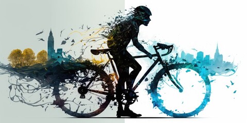 Fototapeta na wymiar Double exposure of a cyclist, young man on a bike, riding bicycle in city, urban skyline, watercolorstyle, AI generative