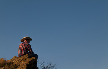 Adult man in cowboy hat sitting on rock against blue sky
